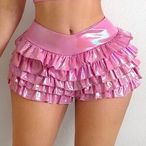 Pink Metallic Iridescent Ruffle Mini Skirt Holographic Festival Rave Wear Y2K